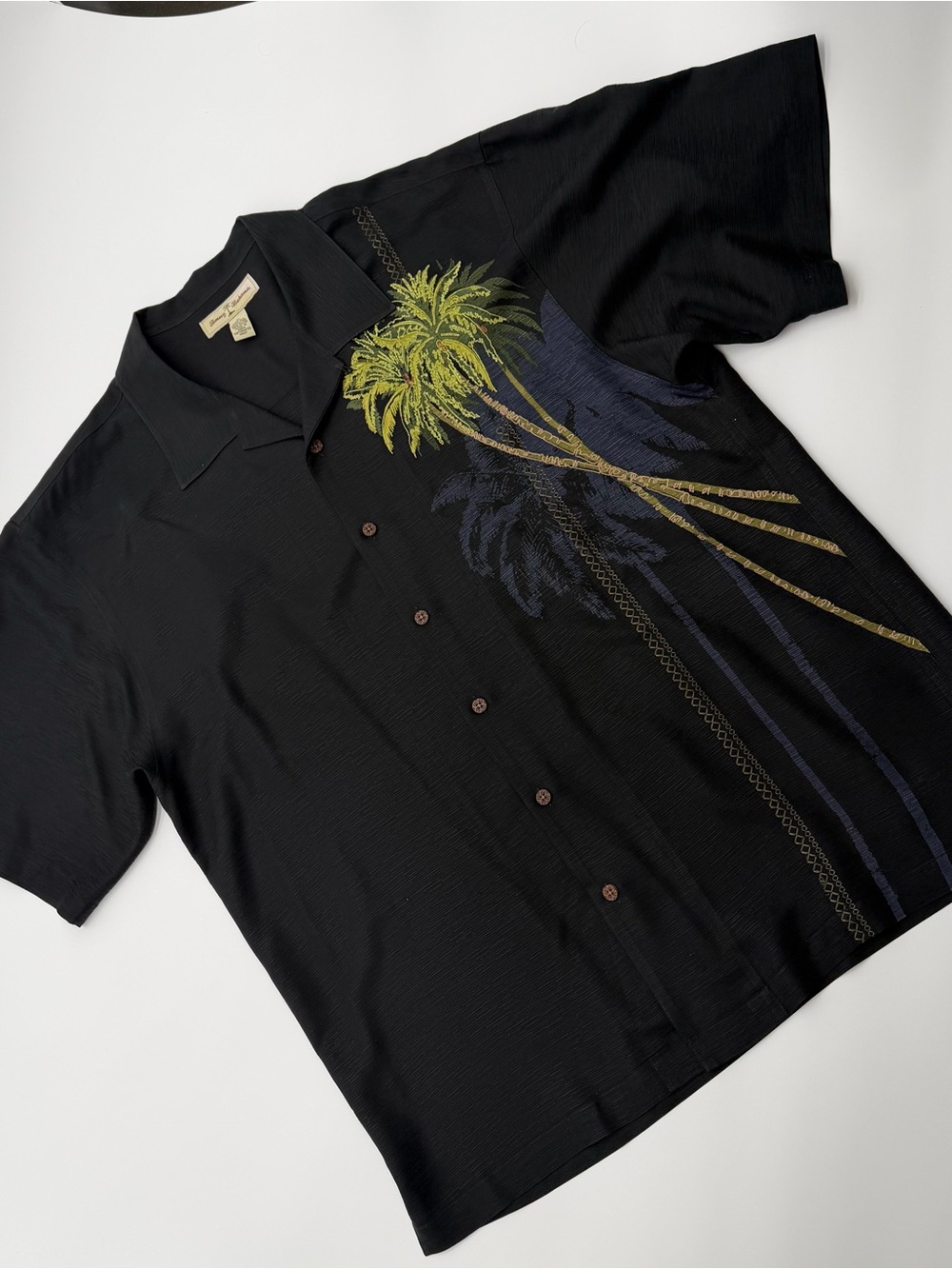 Tommy Bahama Black Short-Sleeve Palm Print Button-Down Shirt 100% Silk